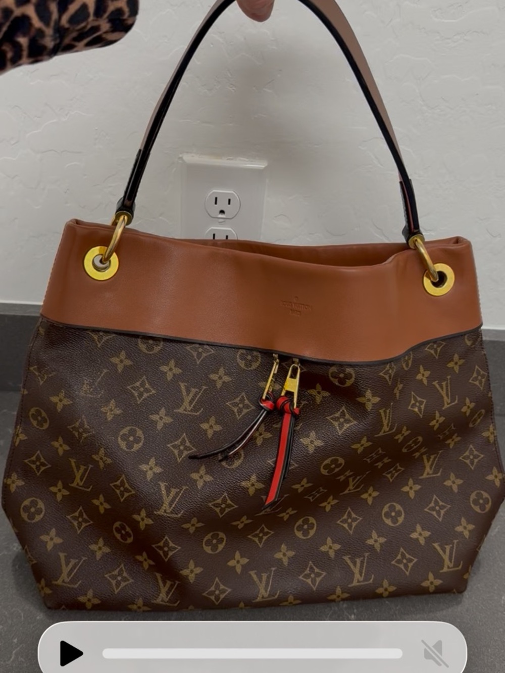 Authentic Louis Vuitton Brown Monogram Tote Red zipper Pulls Tuileries Hobo bag